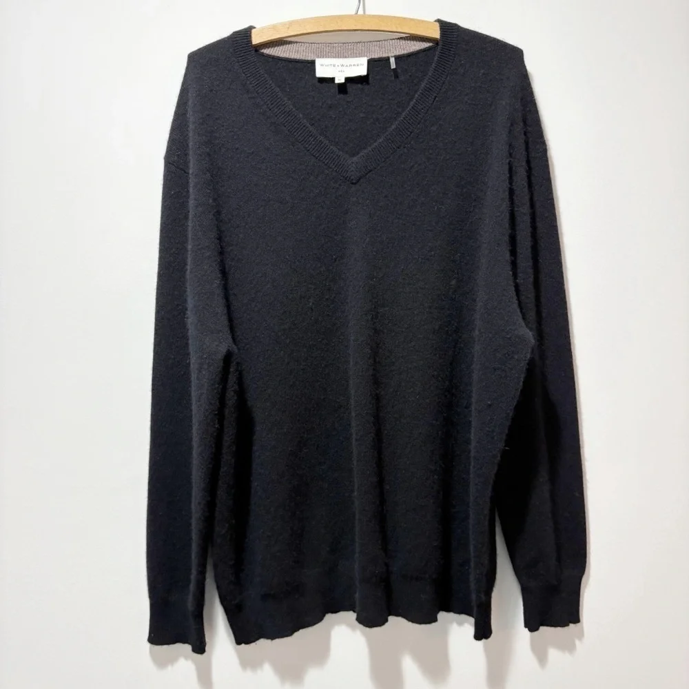 White + Warren Men 70% Wool 30% Cashmere V Neck Black Sweater Size XL Soft Cozy
